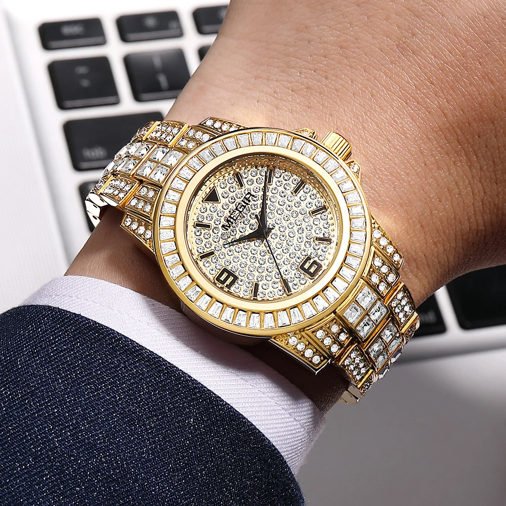 MEGIR Quartz Watch for Men Luxury Diamonds Golden Watch Man Waterproof Rhinestone Wrist Watch Business Men's Steel Band Watches