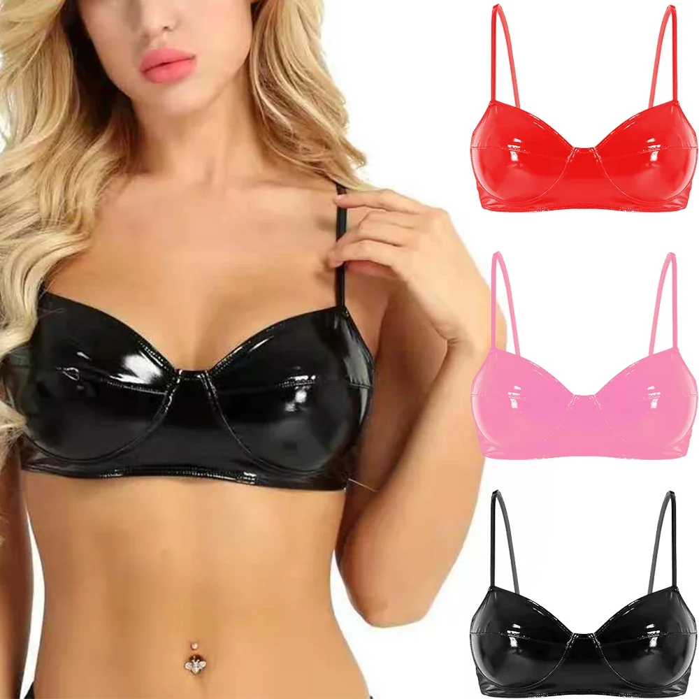 

Women Sexy Faux Leather Pole Dance Lingerie Shiny Wetlook Leather Harness Bra Erotic Red Wire-free No Pad Bra Bralette Clubwear