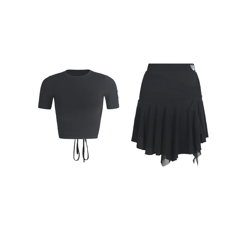 Nouveaux vêtements de danse latine femmes hauts noirs jupe adulte manches courtes vêtements d'entraînement Rumba Salsa danse vêtements d'entraînement DNV23883