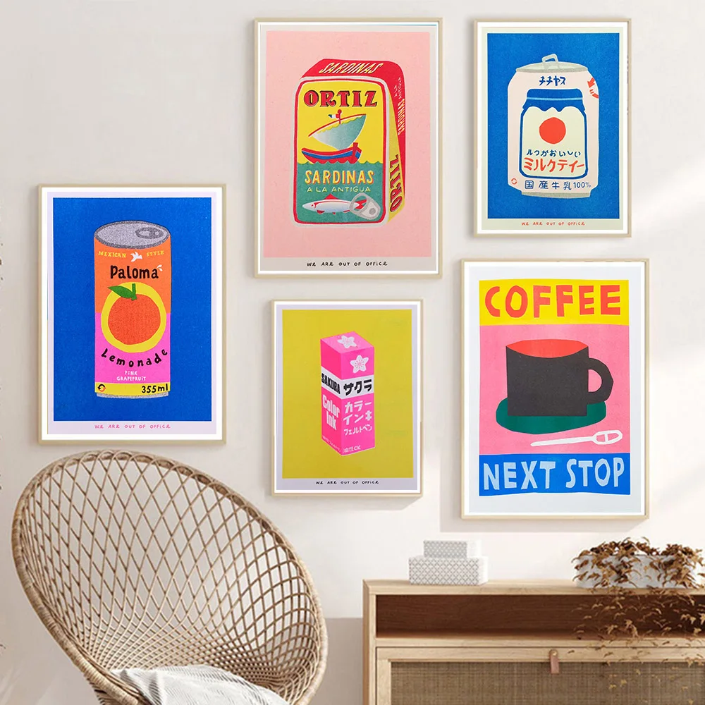 Japanese Pink Canned Sardine Soda Coffee Wall Art Painting Nordic Poster Packaged Print Pictures Living Kitchen Room Home Decor