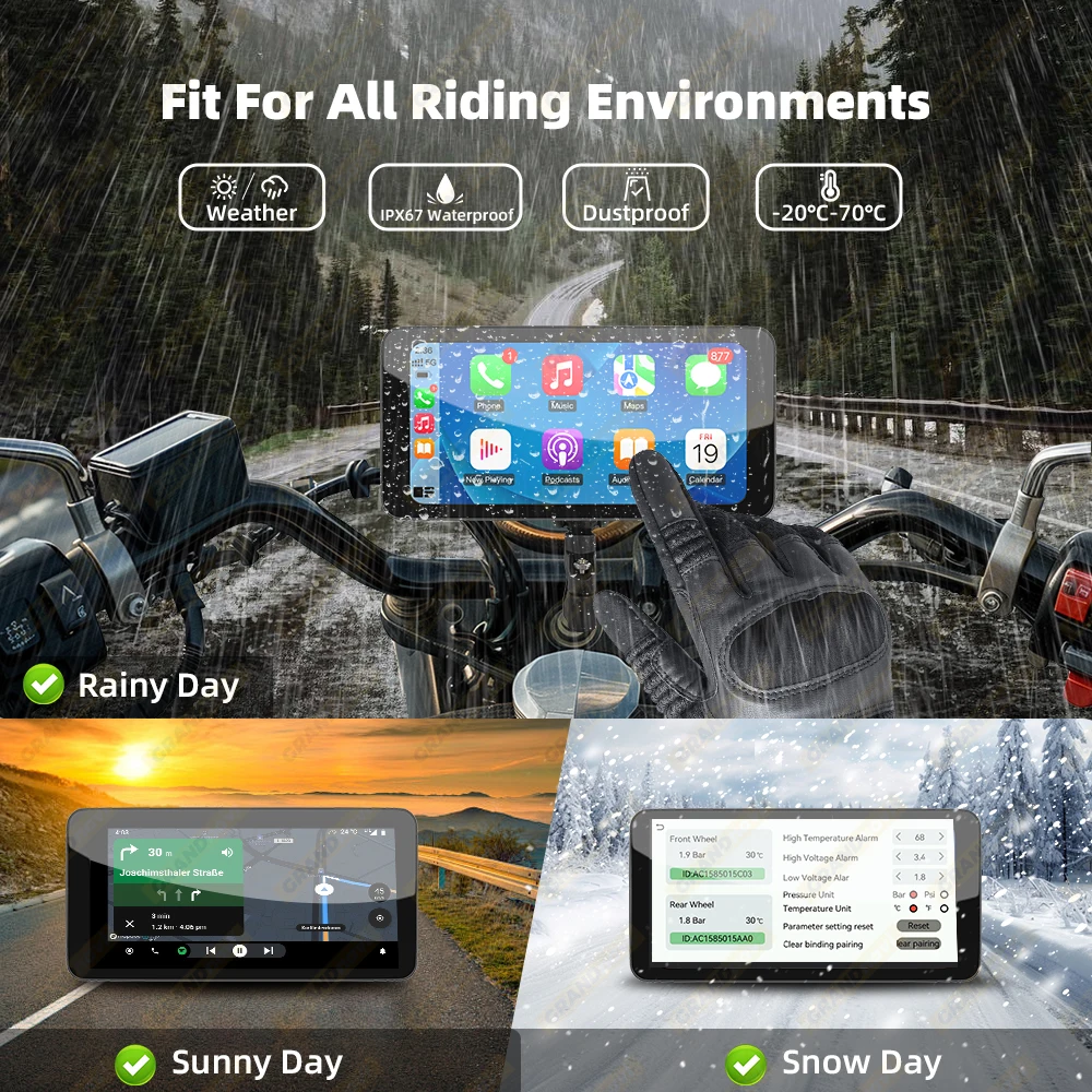 6,5 Zoll Motorrad Tragbare Smart Display IP67 Wasserdichte Drahtlose CarPlay Android Auto Abnehmbare Halterung Bluetooth Monitor – Detail 11