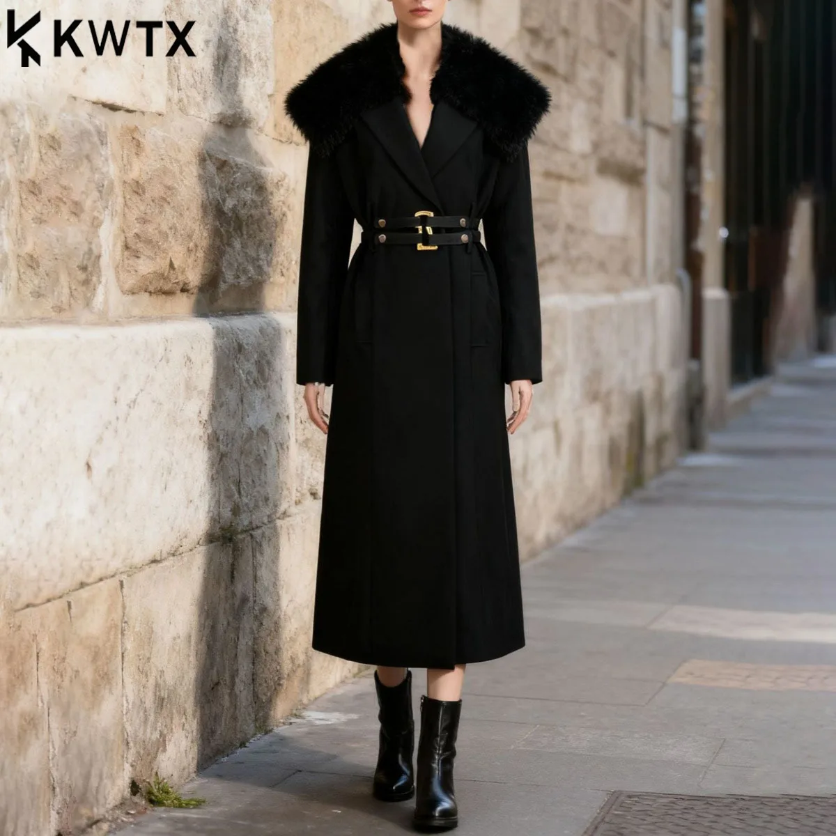 

KWTX женский черный плащ с воротником из искусственного меха с поясом на талии средней длины, повседневный элегантный винтажный дизайнерский осень-зима 202, новинка