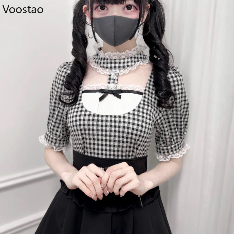 

Japanese Gothic Lolita Style Shirts Women Vintage Sweet Y2k Lace Ruffles Short Sleeve Plaid Blouses Jirai Kei Girls Casual Tops