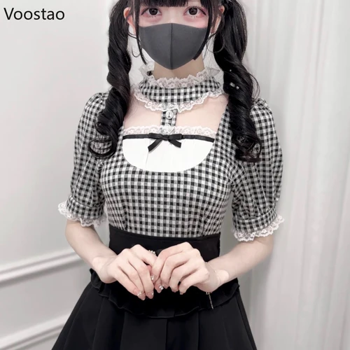 Camisas góticas japonesas estilo Lolita para mujer, blusas a cuadros de manga corta con volantes de encaje Y2k Vintage, Tops informales para niñas Jirai Kei