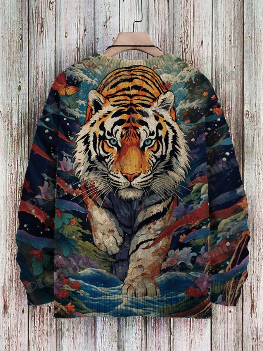 Jersey de punto con estampado 3D de arte de tigre y León colorido para hombre, Jersey de punto informal Unisex de invierno ZZM114