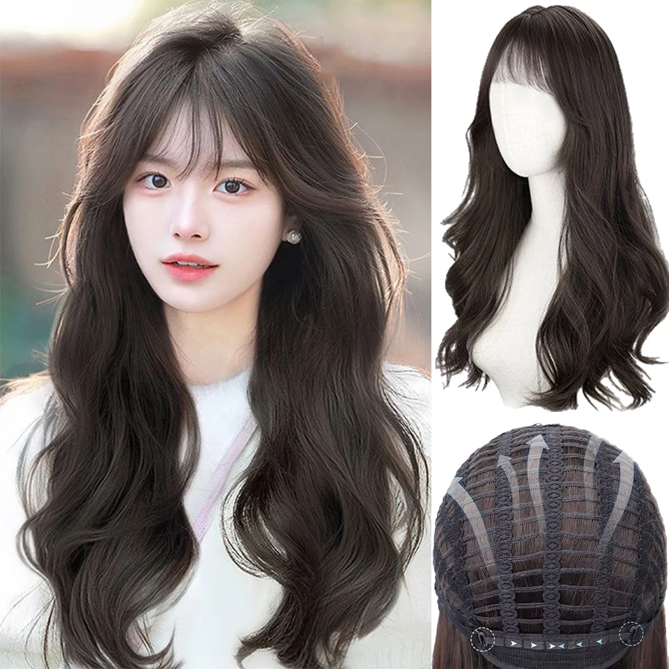 

EAST Popular Brown Black Ash Long Deep Wave Hair Lolita Wigs With Bangs Synthetic Wig For Women Fashion Thick Curls Wigs Girl