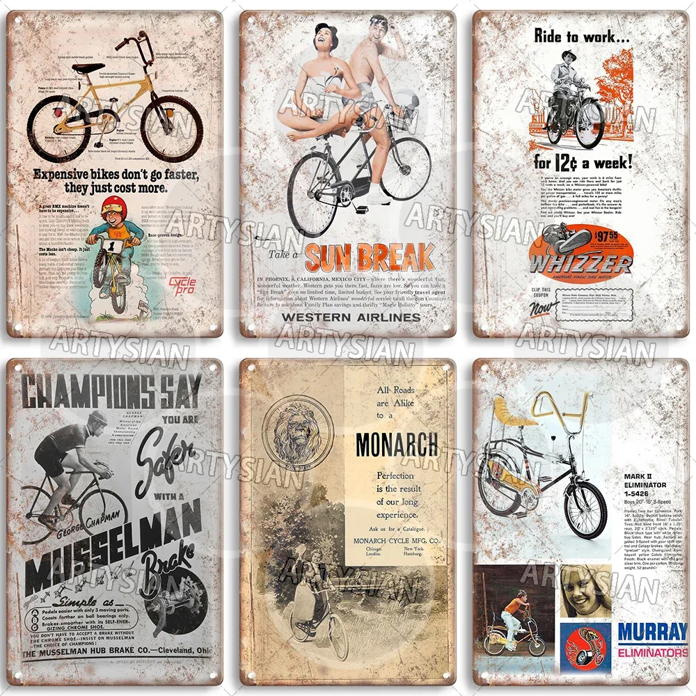 Vintage Bicycle Metal Sign Bike Ads Plaque Colorwheel Selbach Roadmaster Cycles Gladiator Huffy Whizzer Tribune Peugeot Murray