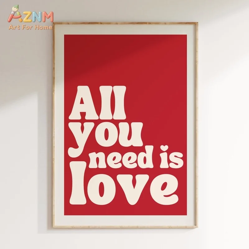 AZNM Retro Bold Love Lyric Canvas Wall Art Colorful Vintage Music Quote Heart Text Print Unframed Canvas Painting For Aesthetic