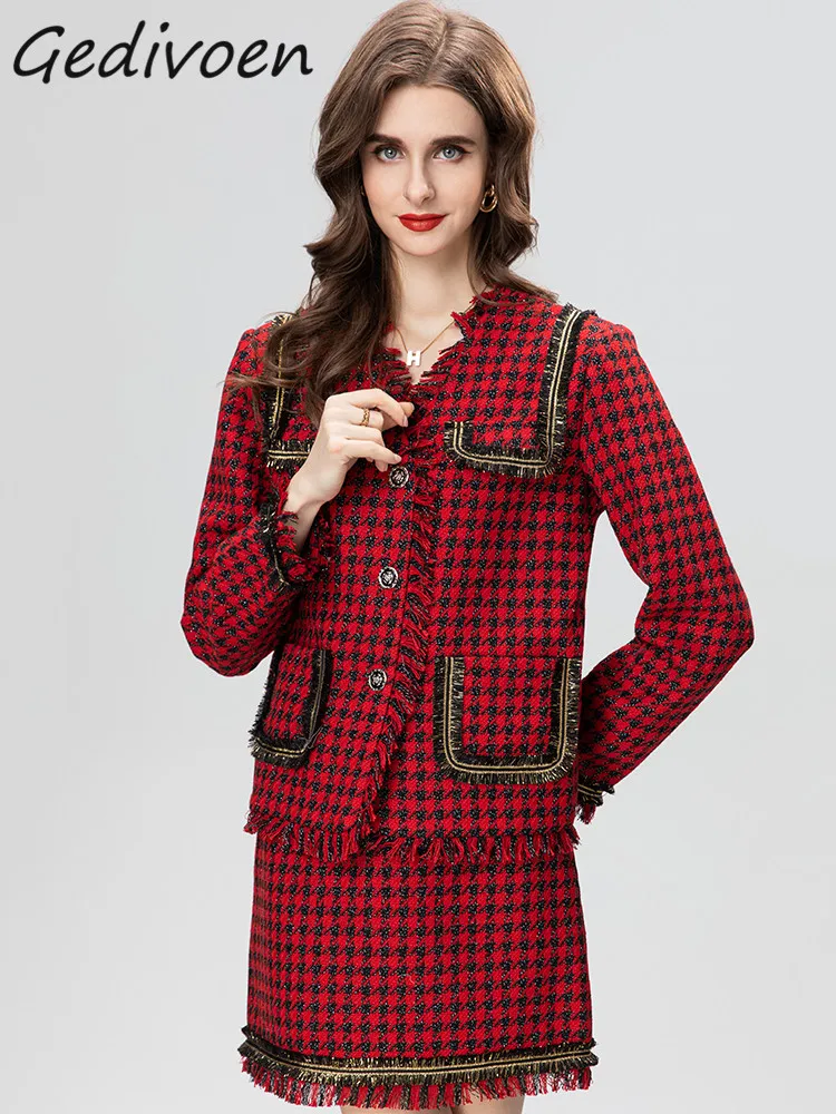 

Gedivoen Winter Fashion Designer Vintage Thousand Bird Plaid Skirt Set Women's V Neck Pocket Slim Coat+Short Skirt 2 Pieces Set