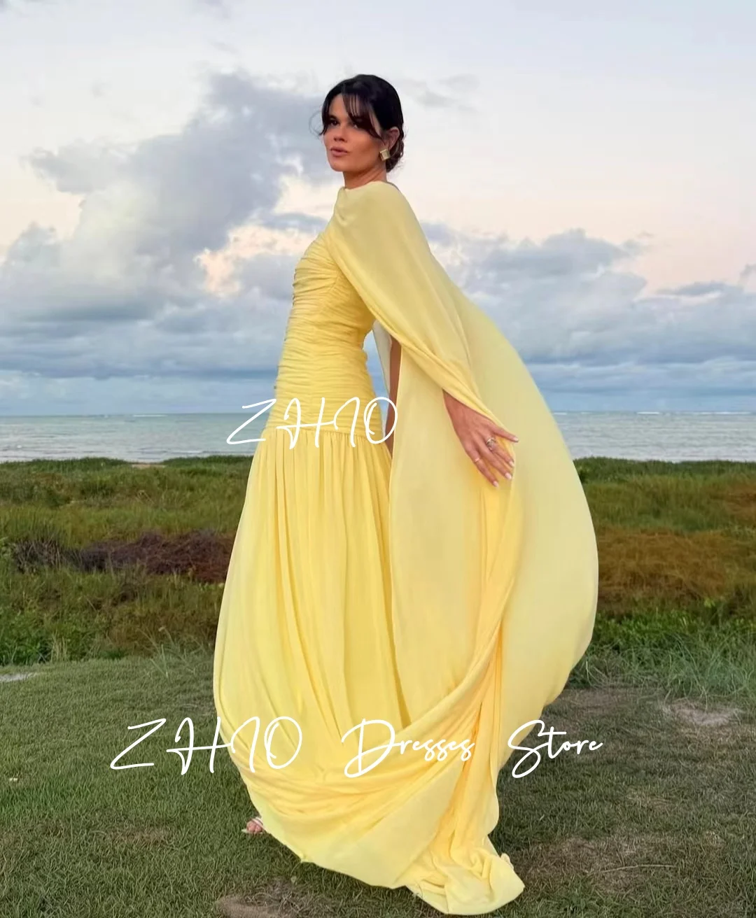 فستان سهرة أصفر أنيق من BOMP مع سترة على شكل حرف A وطيات بطول الأرض شيفون سعودي عربي مناسبة رسمية للحفلات مخصص #1