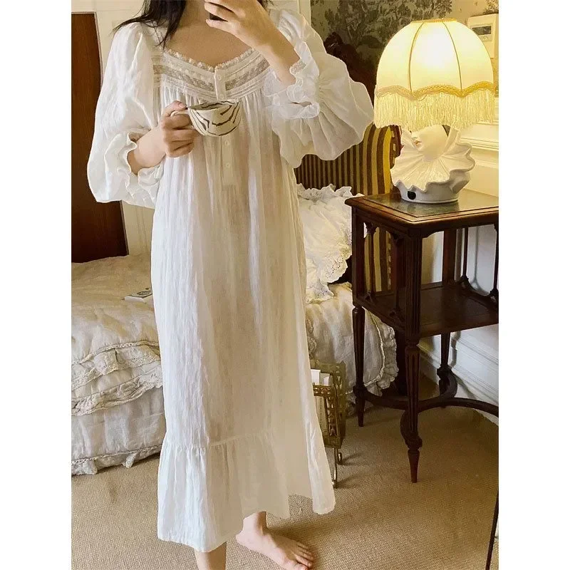 Long Girls Sleeves Dress New Lace Ruffle Loungewear Vintage Home Cotton Looose Women Nightdress French Pajamas Patchwork Female