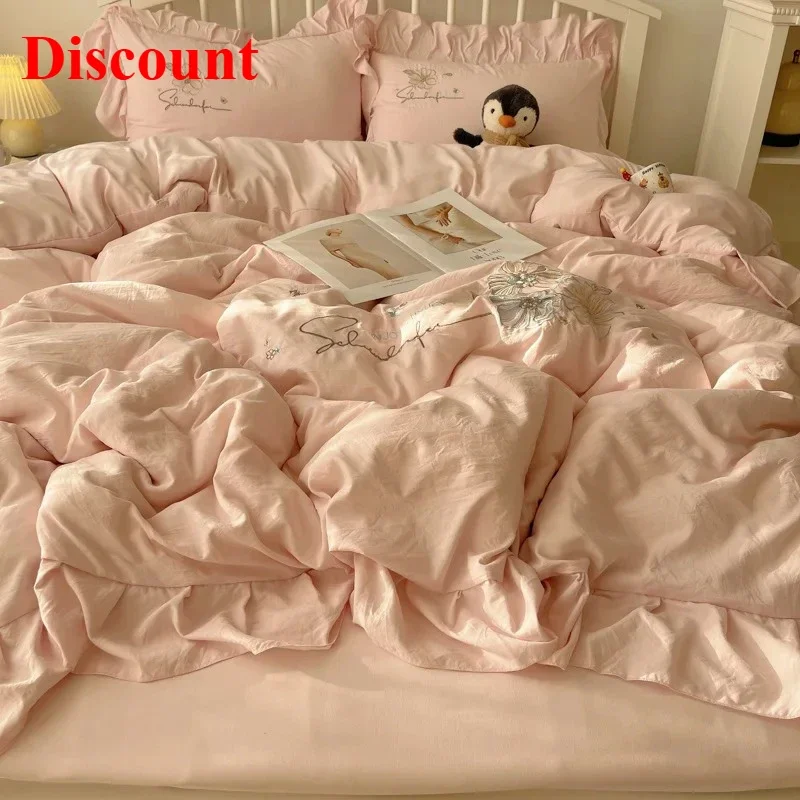 Lace embroidery small fresh and cute girl heart bed four-piece set washed cotton summer bed sheet quilt cover bed hat