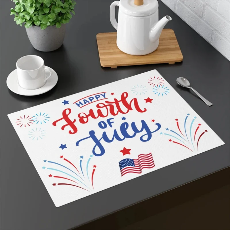 VIKAMA 2/4/6pcs Happy Fourth Of July Placemat Polyester Linen Patriotic American Flag Dining Table Mat For Home Kitchen Decor