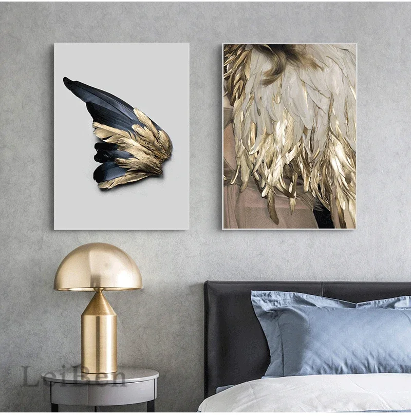 American Modern Living Room Decoration Gold Feather Abstract  Angel Wings Canvas Painting Wall Picture Sofa Background