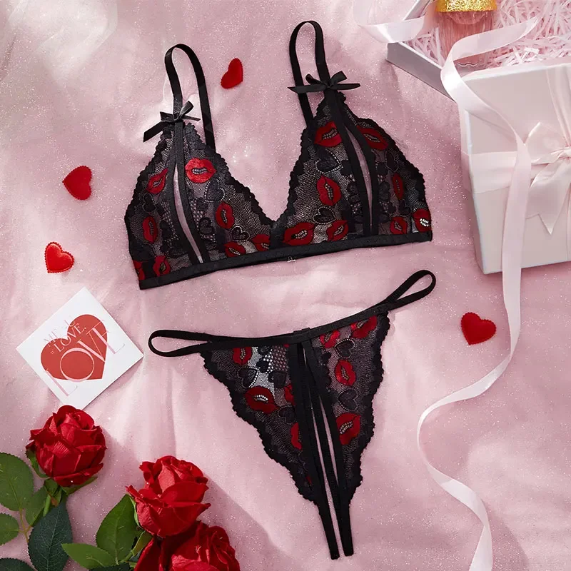 

Daily Sujetadores Sexys Two Piece Lace Embroidery Set Bra And Panties Sets Thin Style Mouth Printing Pattern Push Up Lenceria