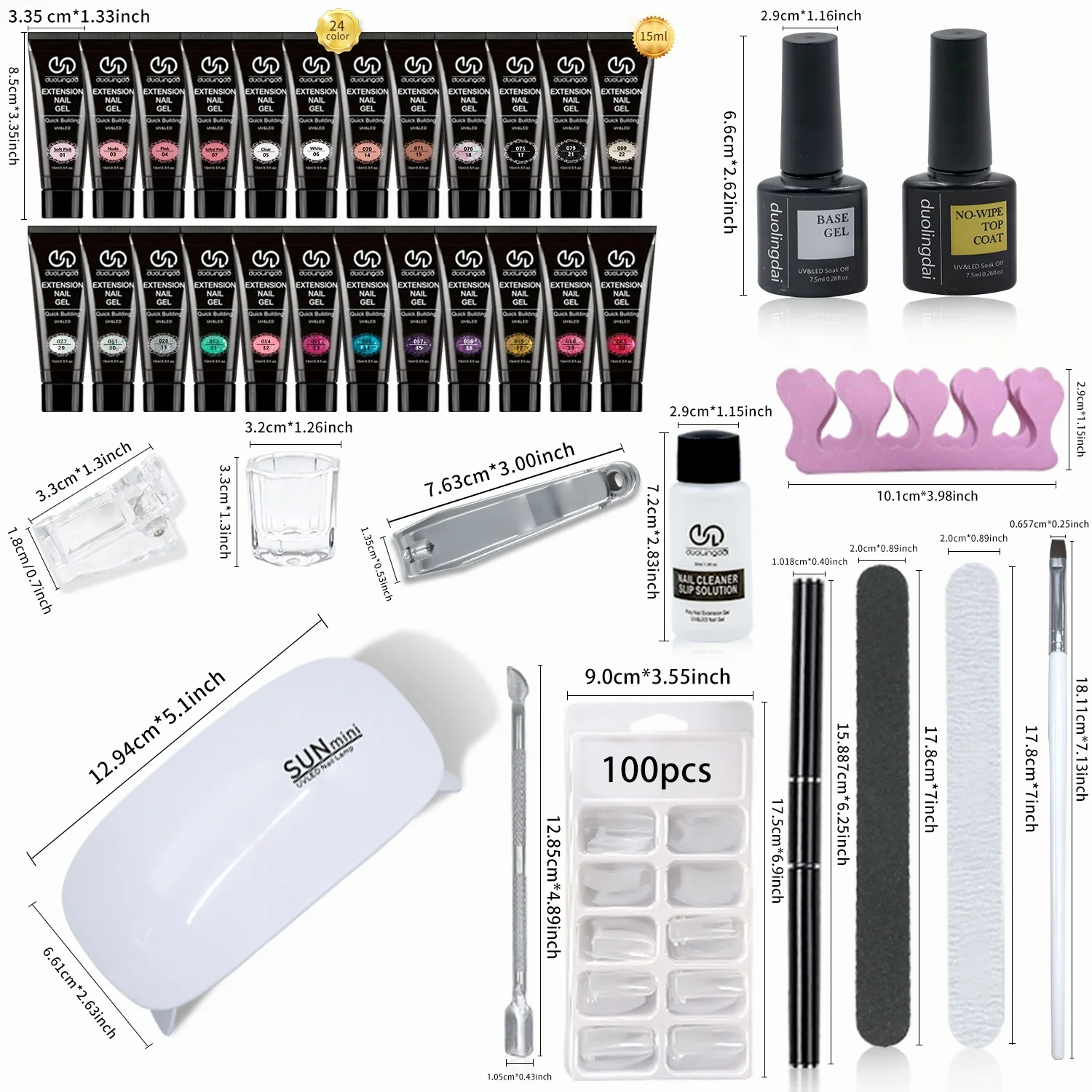 Poly Extension Gel Kit Nagellampe, 24 Farben, schnelle Verlängerung, Poly-Nagelgel, Slip-Lösung, Basis/Matt/Top Coat, Maniküre, professionell
