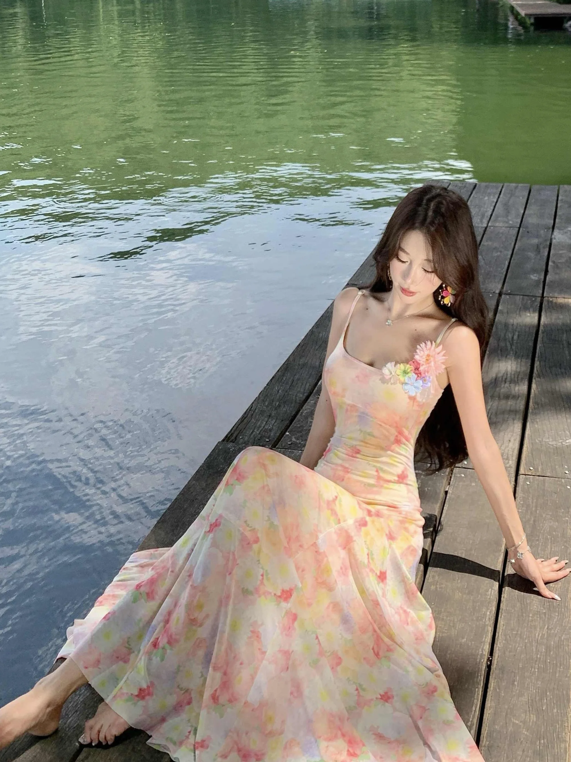 Verão ilha viagem photoaphy bela cintura-emagrecimento cinta dr praia vaion aosphere sensação longa saia evasê