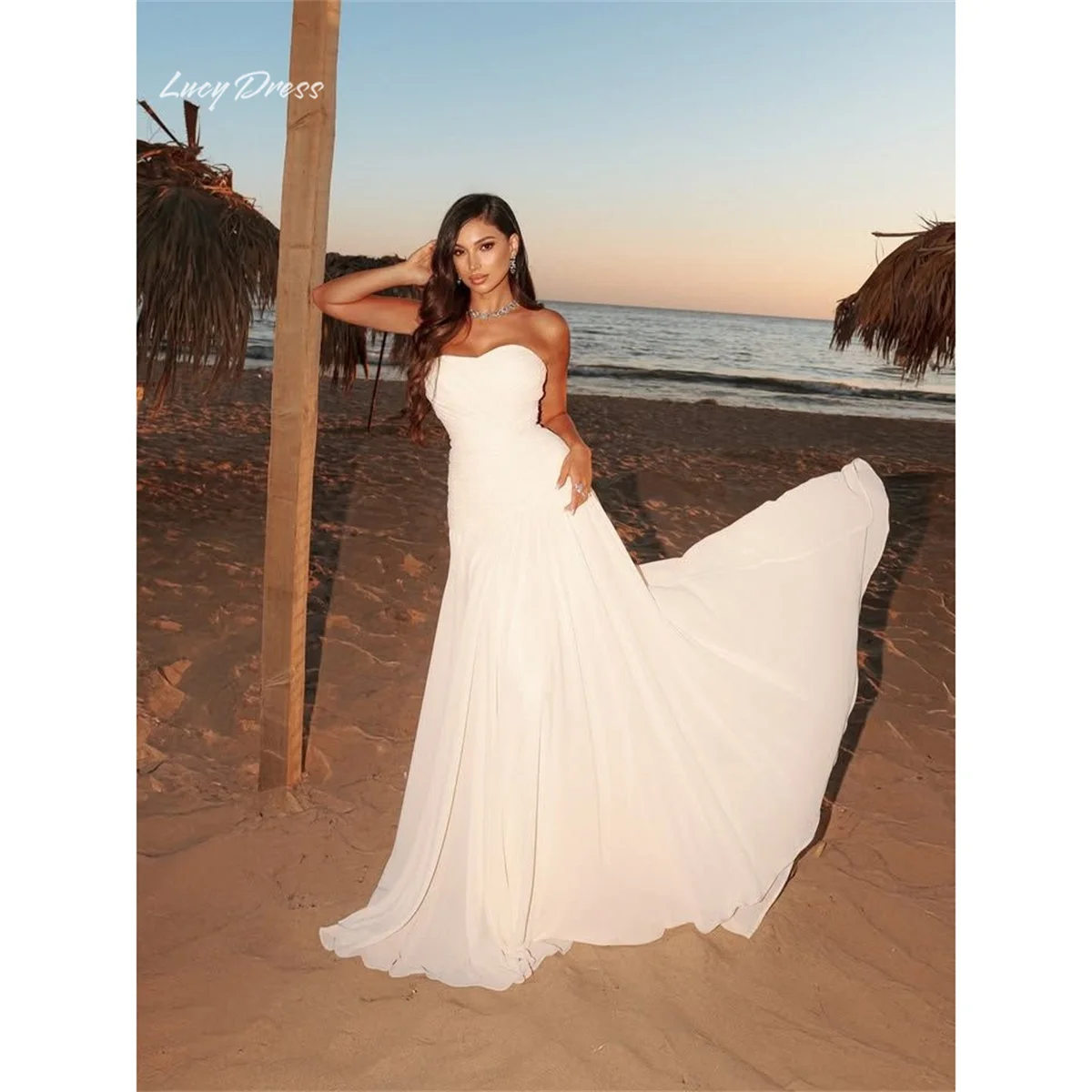 Lucy Ivory Wedding Dress A-Line Sweetheart Sleeveless Ruched Bodice Flowing Watteau Train Floor Length prom dresses Customized
