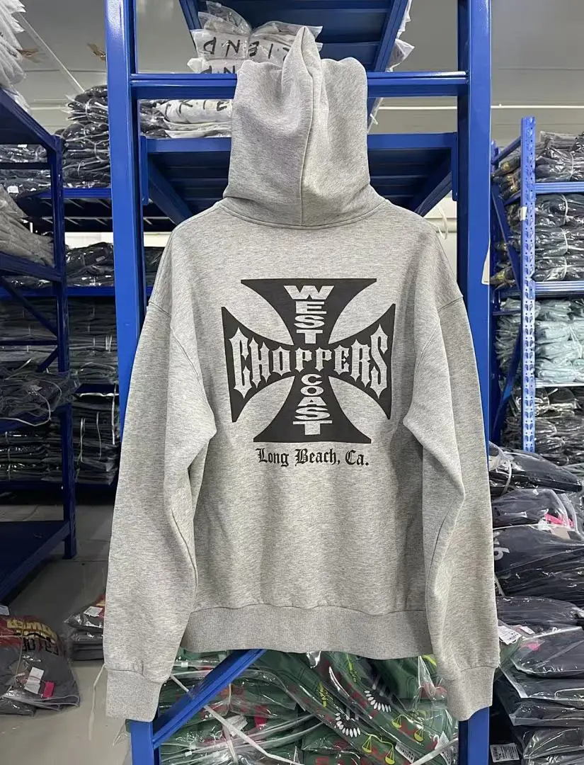 West Coast 25SS Grey Hoodie Women Men Cross Logo Printed Hooded Sweatshirts Hoodie Oversized Men Casual Cotton Hoodie Pullover