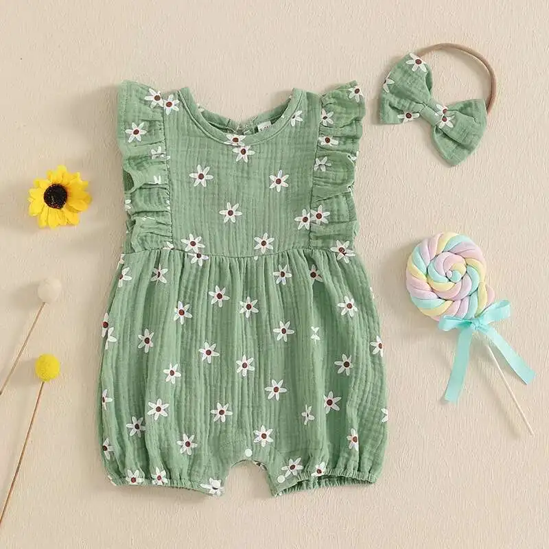 

Baby Clothing Summer New Fashion Infant Toddler Girls Clothes Flower Print Fly Sleeve Cotton Rompers Jumpsuit with Headband