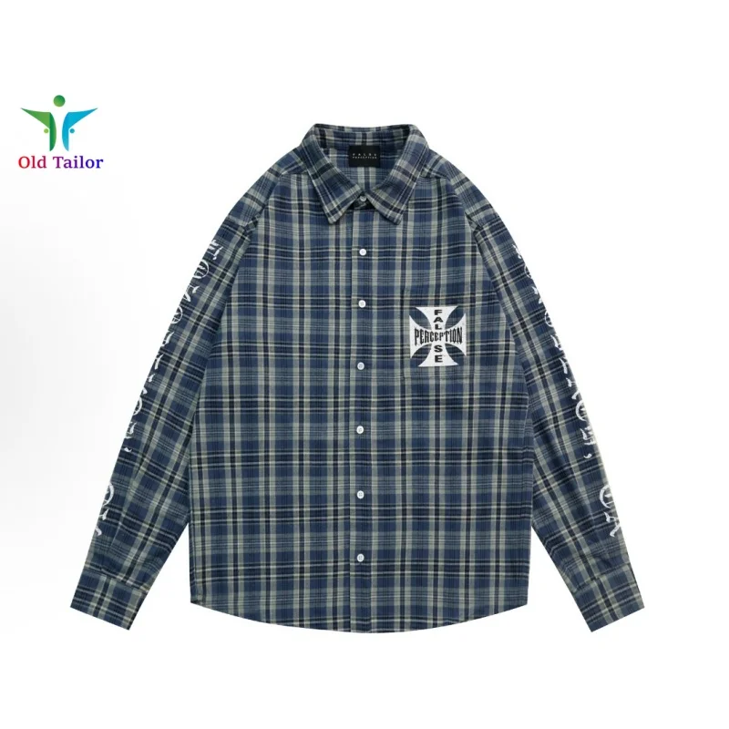 High Quality 25FWFalse Perception Cross Logo Plaid Long Sleeve Shirt Street Loose Brand Mens Womens Shirt