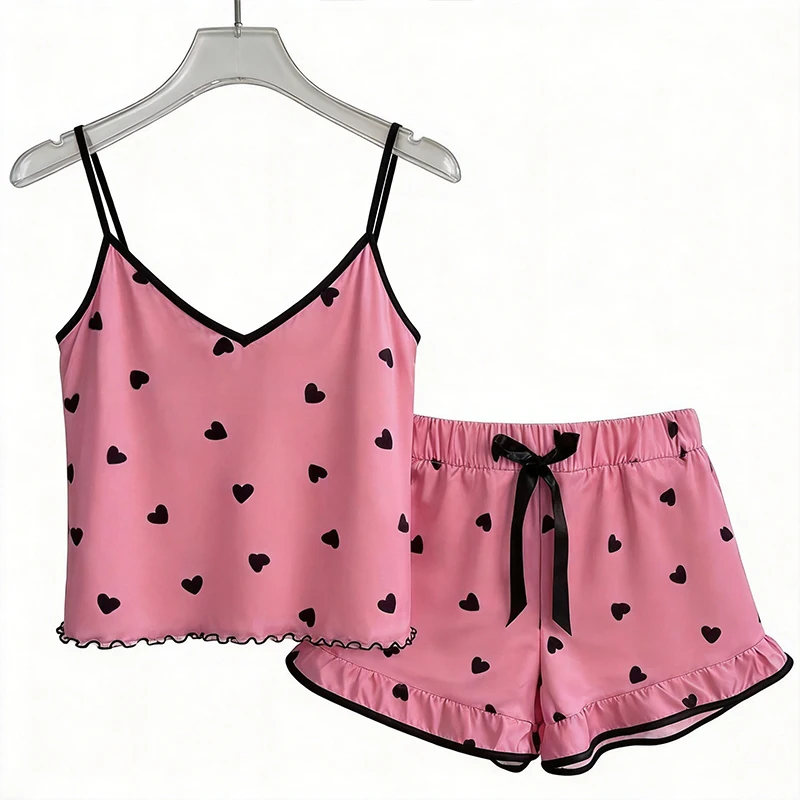 

Two Piece Set Ladies Summer Ice Silk Camisole Shorts Pajamas Women's Fashion Soft Cute Heart Print Elastic Suspenders Homewear