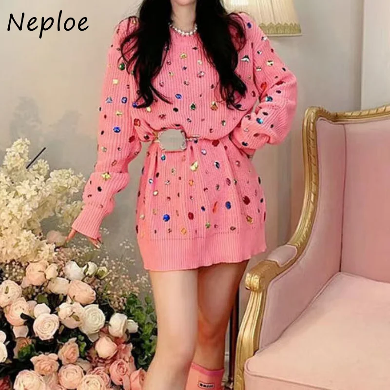 Neploe Autumn O Neck Solid Color Long Sleeve Pull Femme Vintage Knitted Pullover Sweater Y2k Diamonds Loose Casual Jumpers