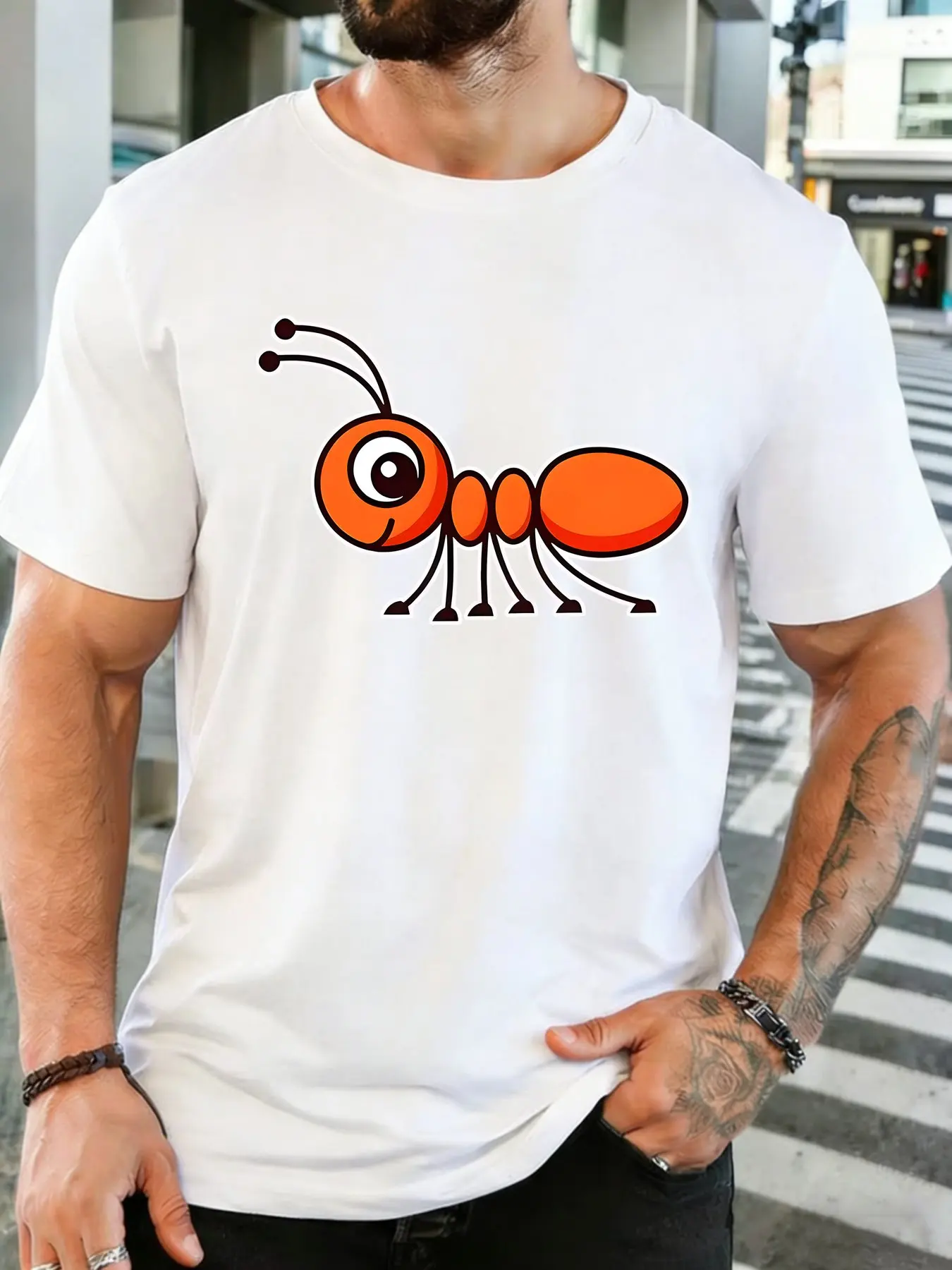 Cute Big Eye Orange Cartoon Ant Graphic Mens Soft Cotton Short Sleeve Tshirt Loose Insect Theme Casual Daily Street Wear Tee