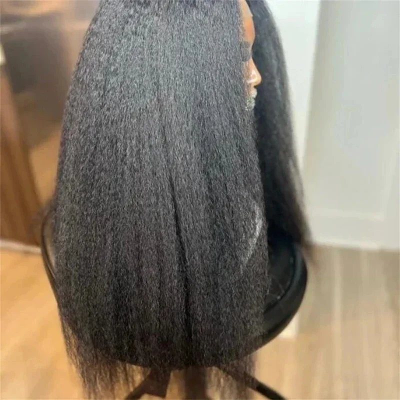 26Inch Long Yaki Black 180Density Glueless Kinky Straight Deep Lace Front Wig For Women With BabyHair Preplucked Daily