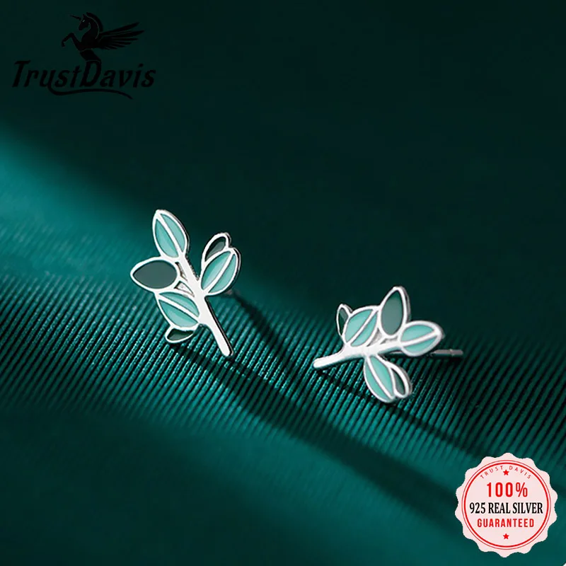 TrustDavis Real 925 Sterling Silver Fashion Green Glaze Leaves Stud Earrings For Women Wedding Birthday Present Jewelry DB340