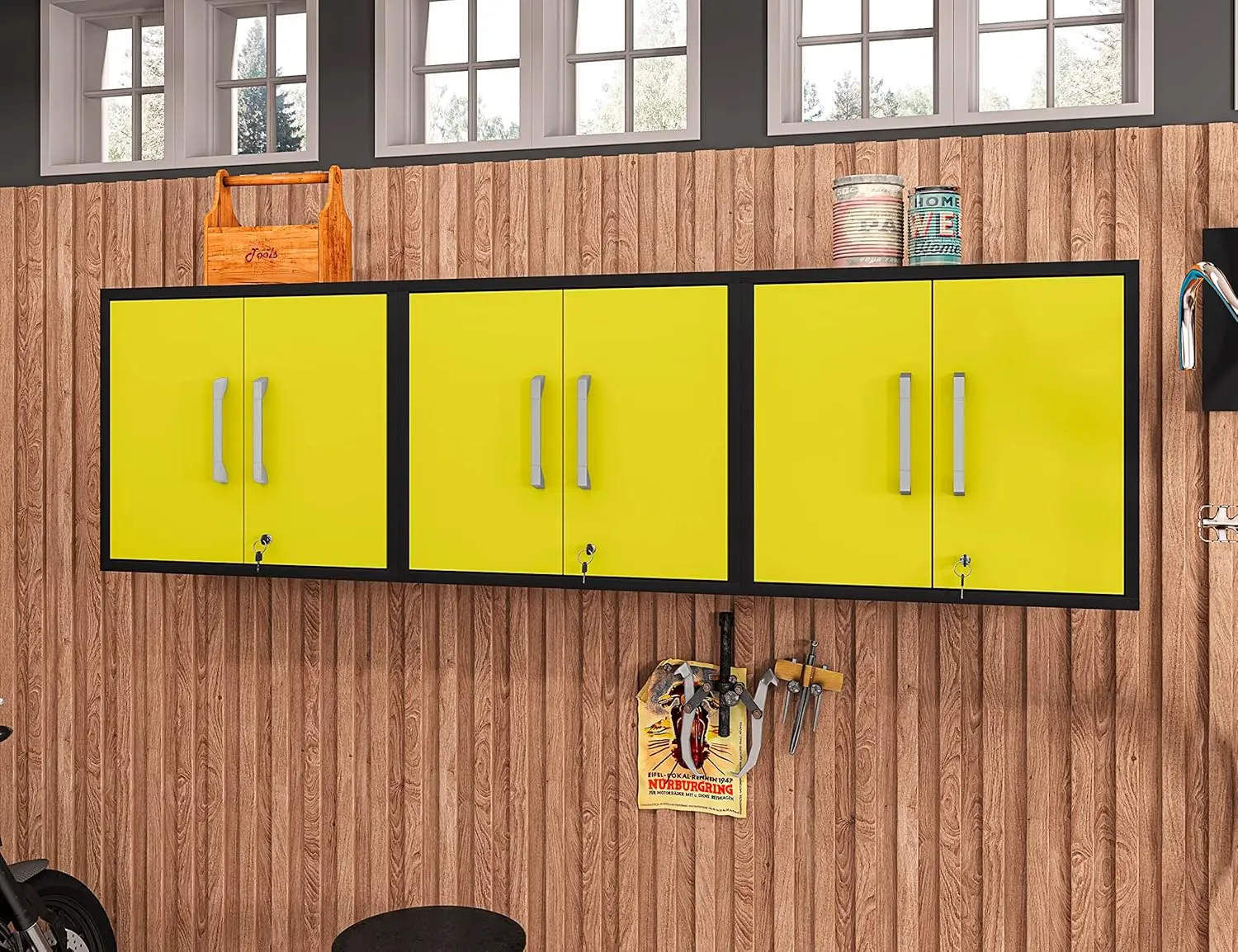 Eiffel Floating Garage Storage with Lock and Key, Space Saver Wall Cabinet, Set of 3, Yellow