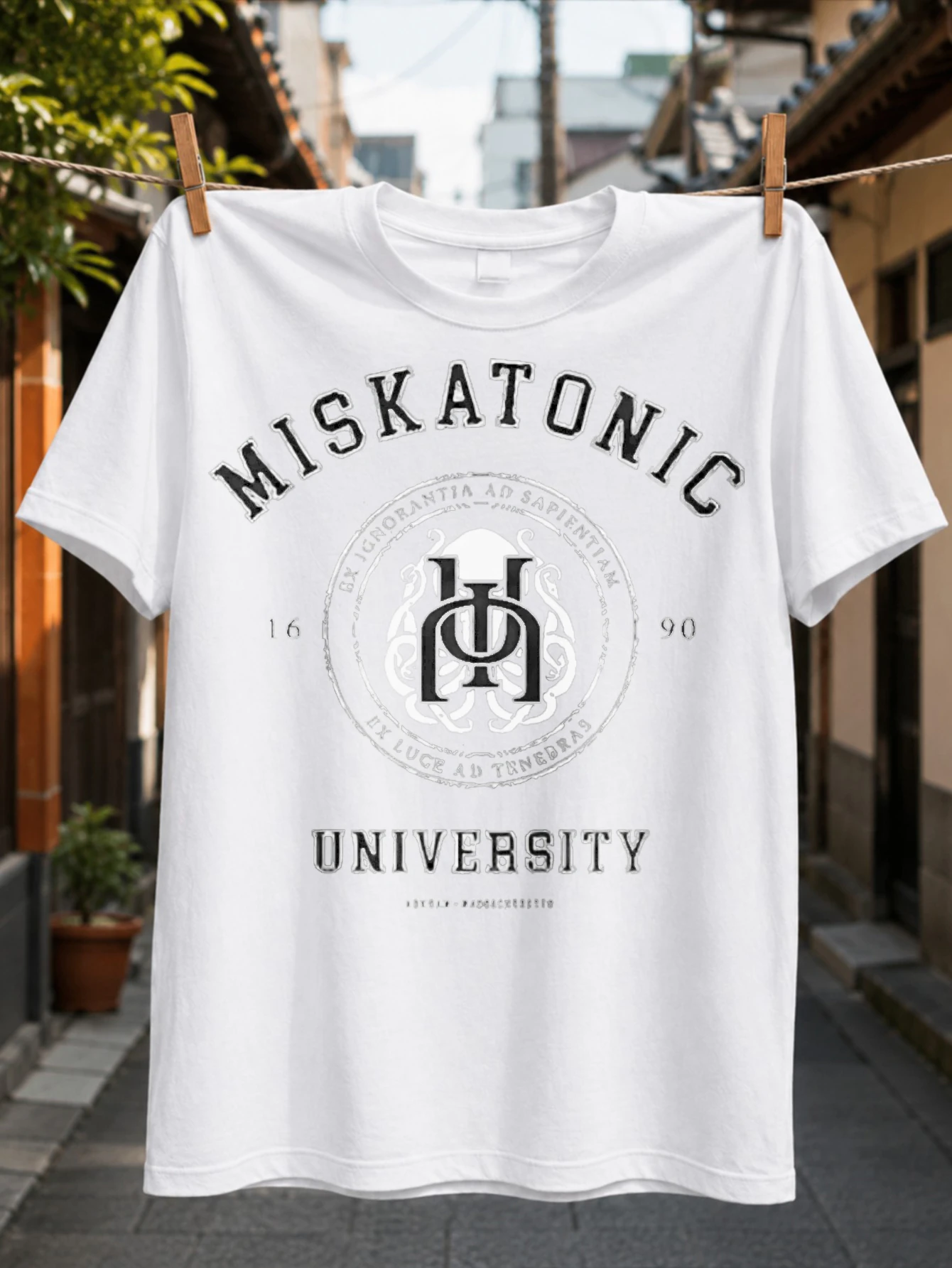 Miskatonic University 1690 Collegiate weathered circular seal monogram and curved varsity lettering  Unisex All T-Shirt
