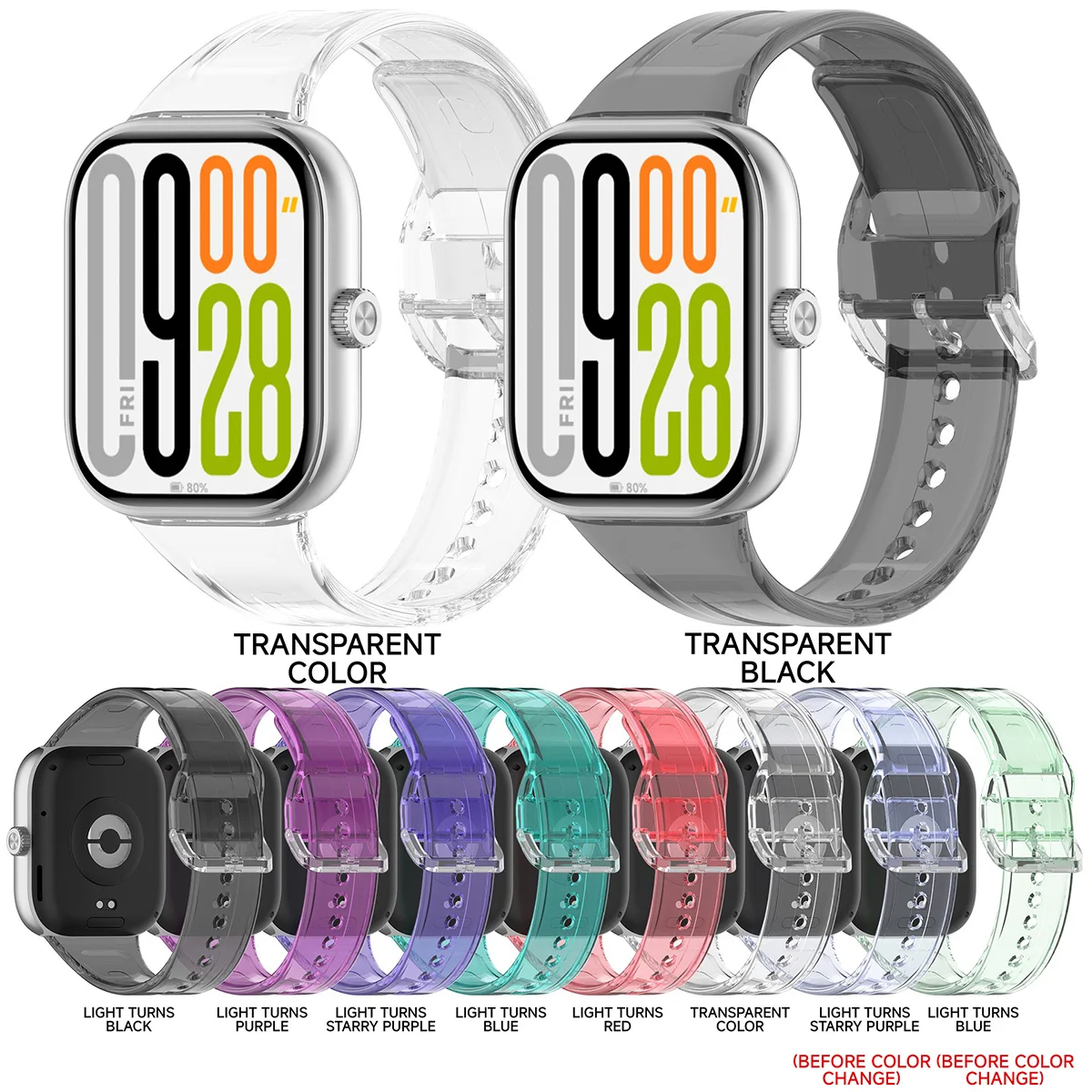 Transparent watch strap for Redmi watch 4 5 for Xiaomi Band 9/8 Pro Variable colorSports Continuous surface strap for Mi Band