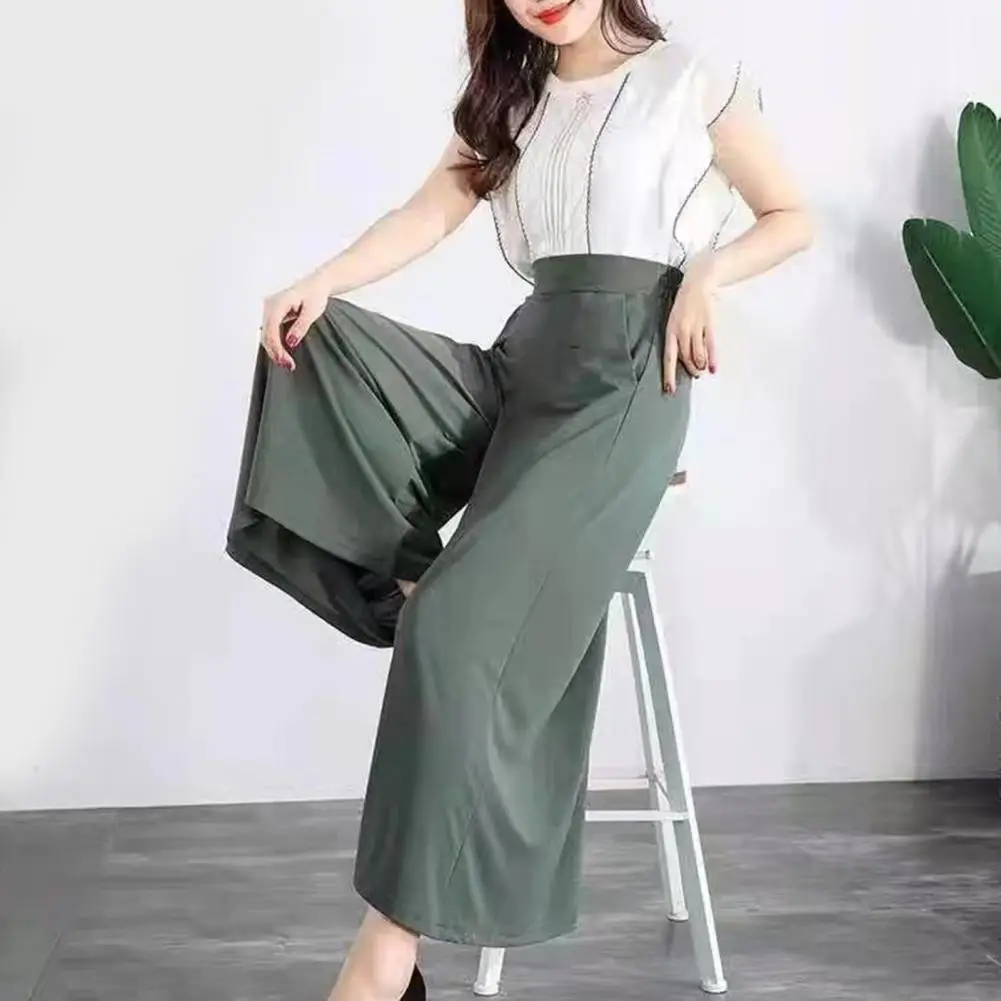 Брюки с широкой талией Женские широкие брюки с высокой талией и карманами Однотонные костюмные брюки для ношения Удобный стиль Эластичная резинка