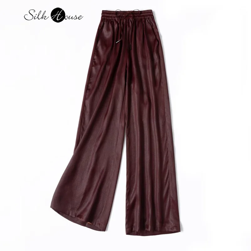 

40MM Heavy Weight 100% Natural Mulberry Silk Gambiered Guangdong Gauze Red Cloud Satin Antique Drawstring Women's Wide Leg Pants