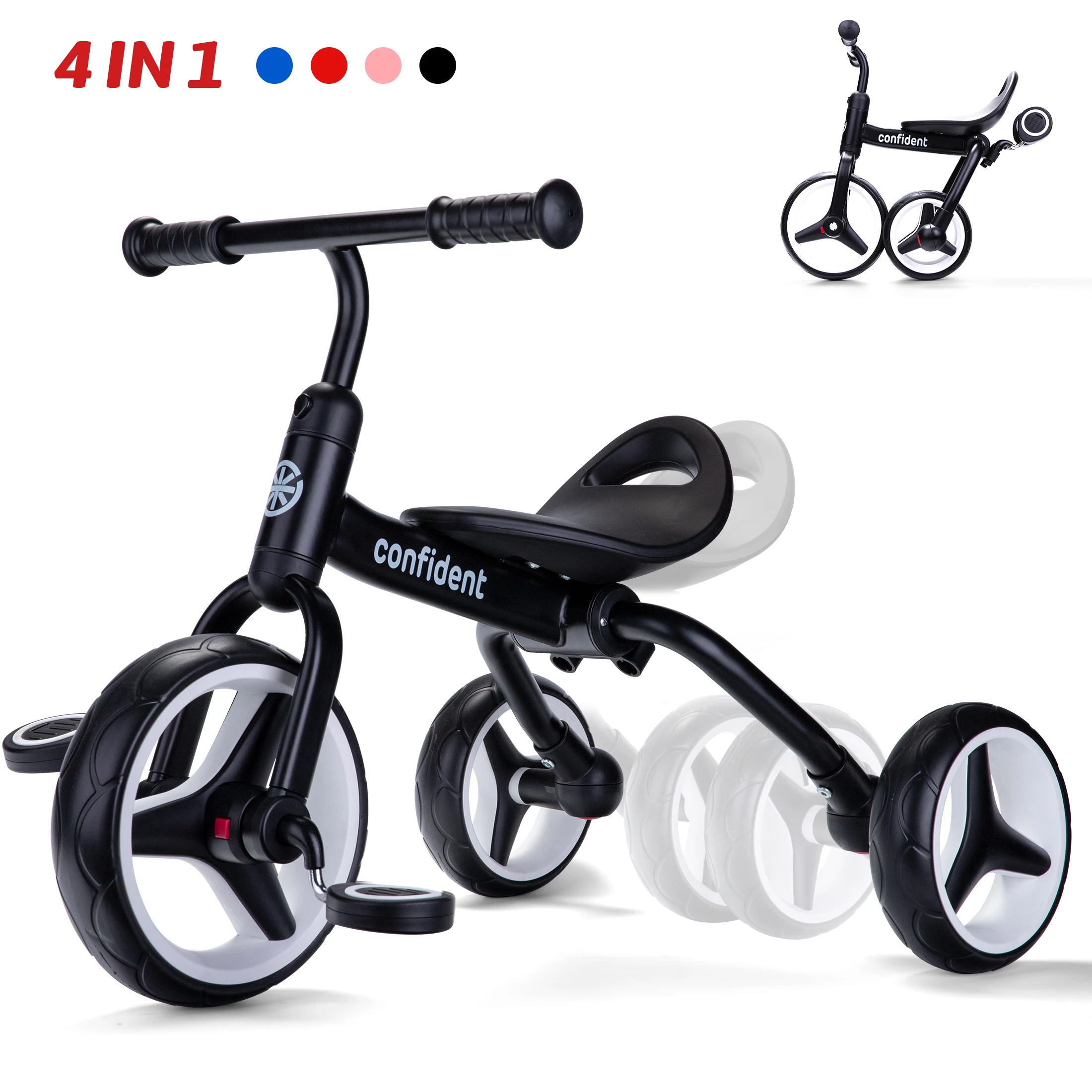 4 In 1 Kids Tricycle For 2-5 Years Old Boy & Girl Gift, Folding Toddler Balance Bike With Removable Pedals Balance Training Bike