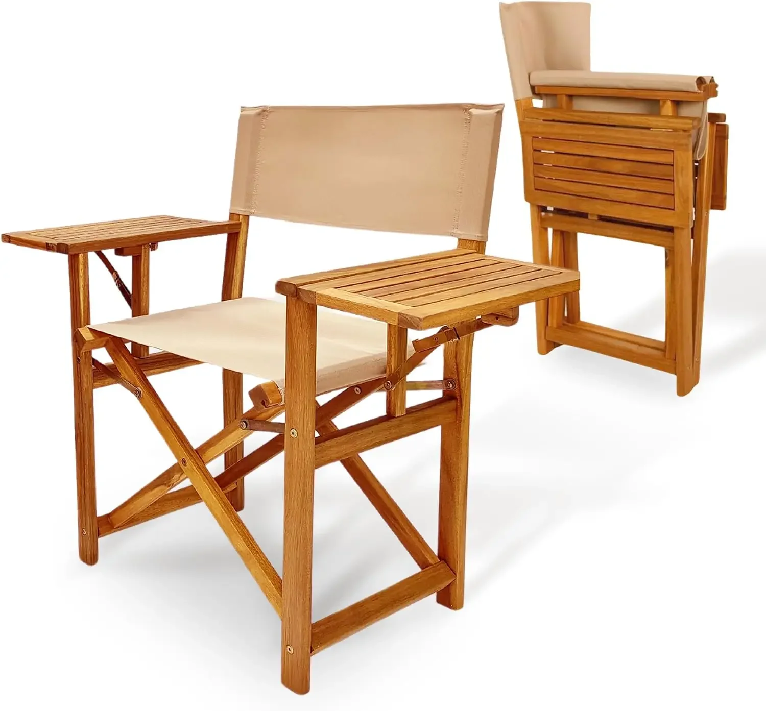 Walker Outdoor Folding Directors Chair with Side Tables - Natural Finish Wooden Chair, Patio, Poolside, Backyard, Garden