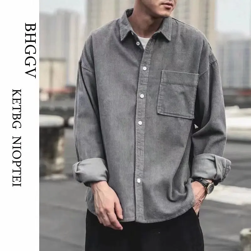 Men Corduroy Shirt Coat Long Sleeves Tops Spring and Autumn Japanese Style Chao Pai Leisure Loose and Comfortable Versatile Pi