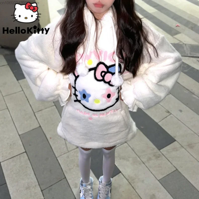 Sanrio Hello Kitty Winter Lamb Wool Slimming White Hoodie Kawaii Lolita Jk Pullovers Plush 90s 2000s Harajuku Anime Coat Yk2 Top