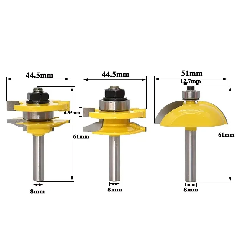3PC/Set 8MM Shank Milling Cutter Wood Carving Raised Panel Cabinet Door Router Bit Set Woodworking Cutter Carbide Bit Door Knife