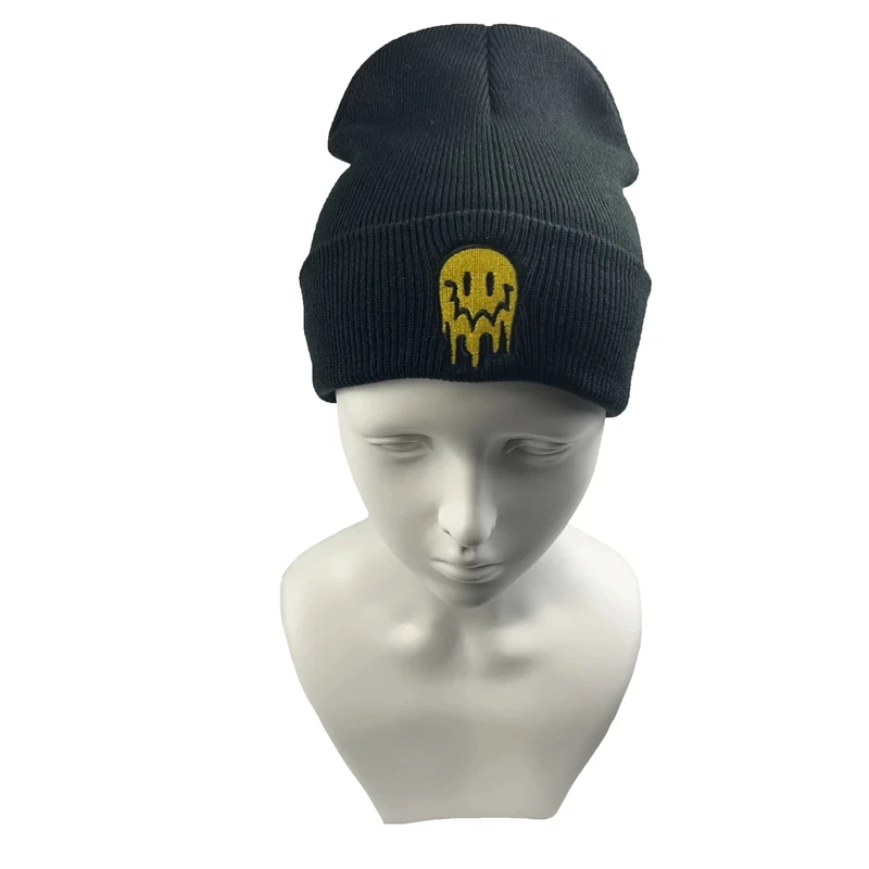 Autunm Winter Embroidered Melting Smiley Face Skullies Caps Women Warm Soft Beanies Knit Hat Men Bonnet Cap