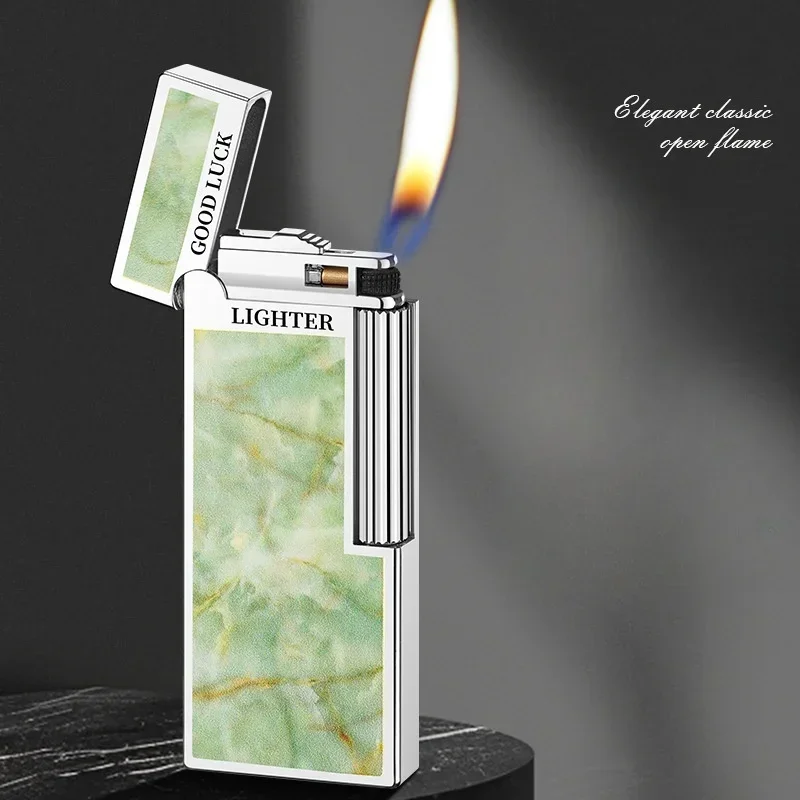 Metal Ultra Thin Double sided Pattern Open flame Butane Gas Lighter Side Pulley Ignition Portable Inflatable Lighters Smoking