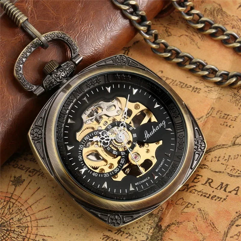 Bronze Square Case Men Women Handwinding Mechanical Pocket Watch with Pendant Chain Skeleton Clock Retro Timepiece
