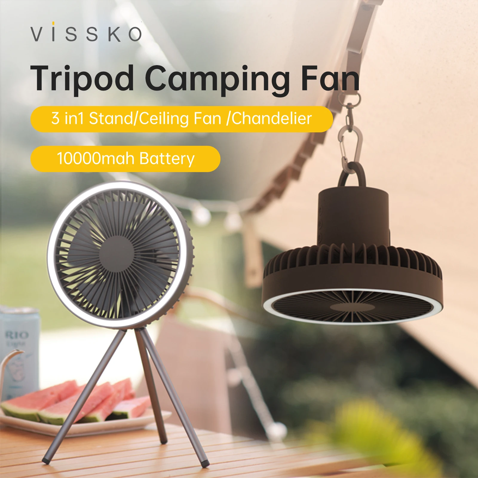 Vissko10000mAh Portable Camping Tripod Fan Rechargeable Multifunctional Mini Fan USB Outdoor Ceiling Fan Led Light Stand Desktop