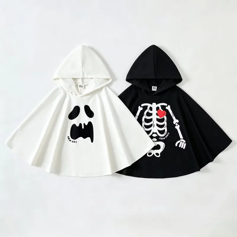 Newborn Toddler Kids Halloween Hooded Cape White Ghost Black Skeleton Print Poncho Costume With Red Heart Detail Cloak 0 24M