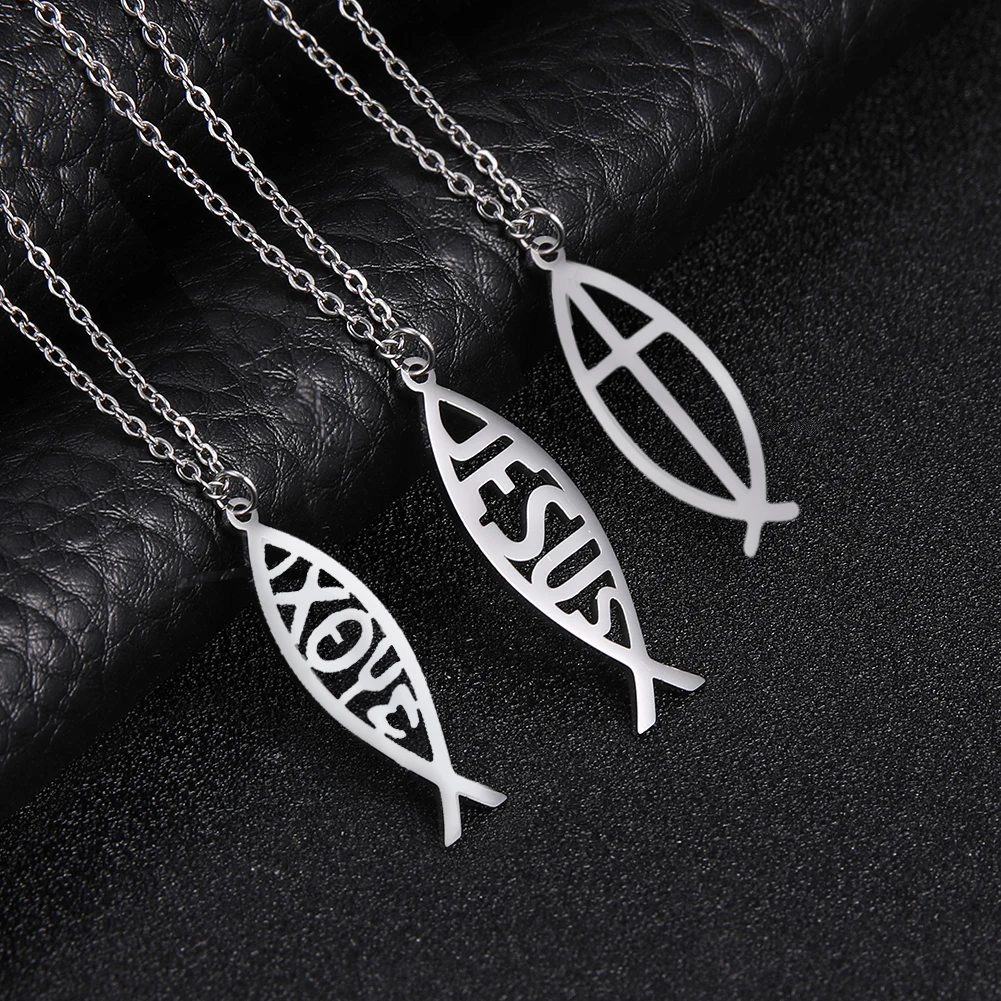 LIKGREAT Christian Jesus Fish Pendant Necklace for Women Stainless Steel Ichthys Faith Pray Choker Jewelry Valentine's Day Gifts