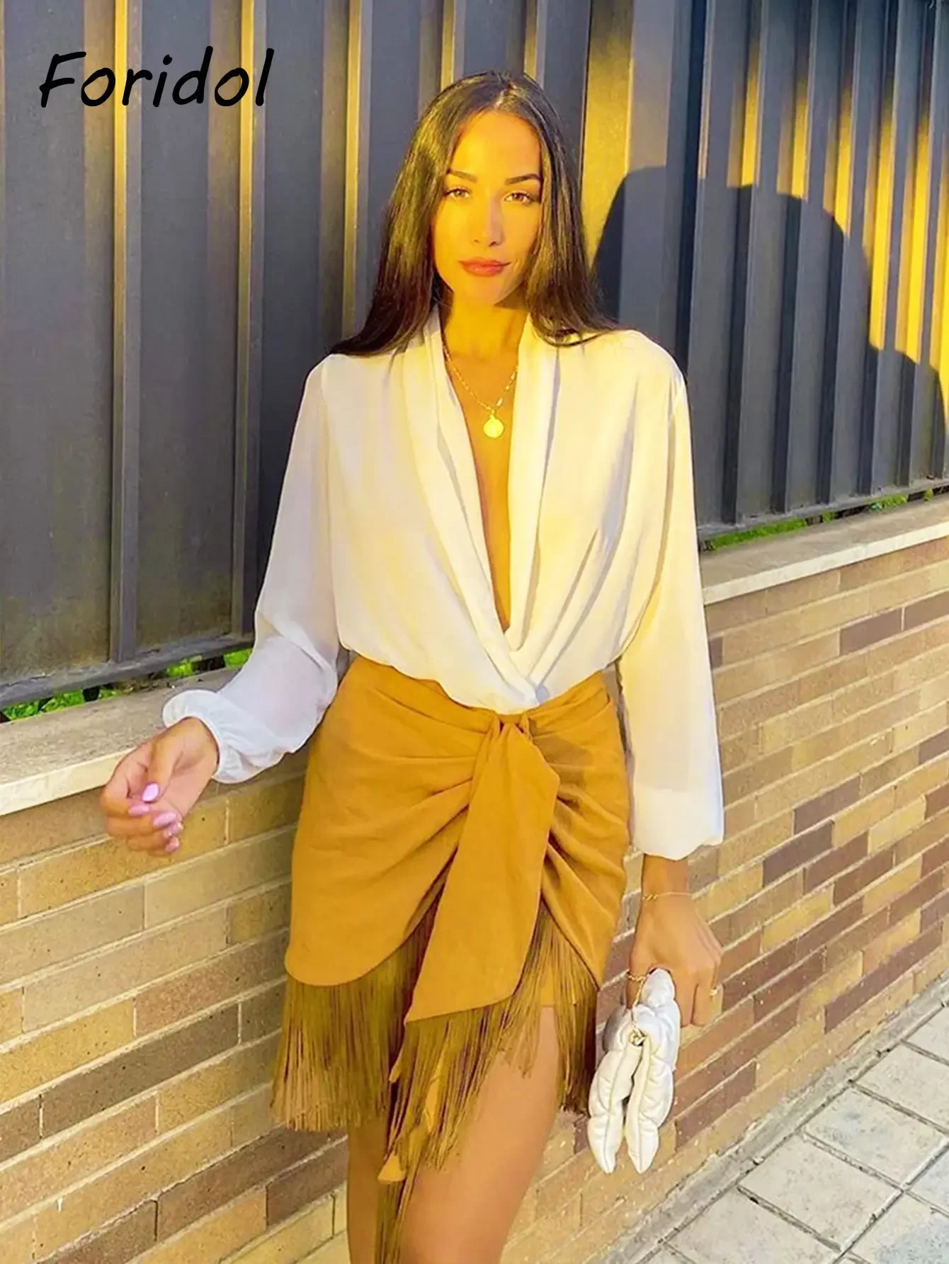 Foridol High Waist Bodycon Tassel Mini Skirt Women Summer Spring Irregular Slit Brown Short Bowknot Skirt Ladies Bottoms Brown