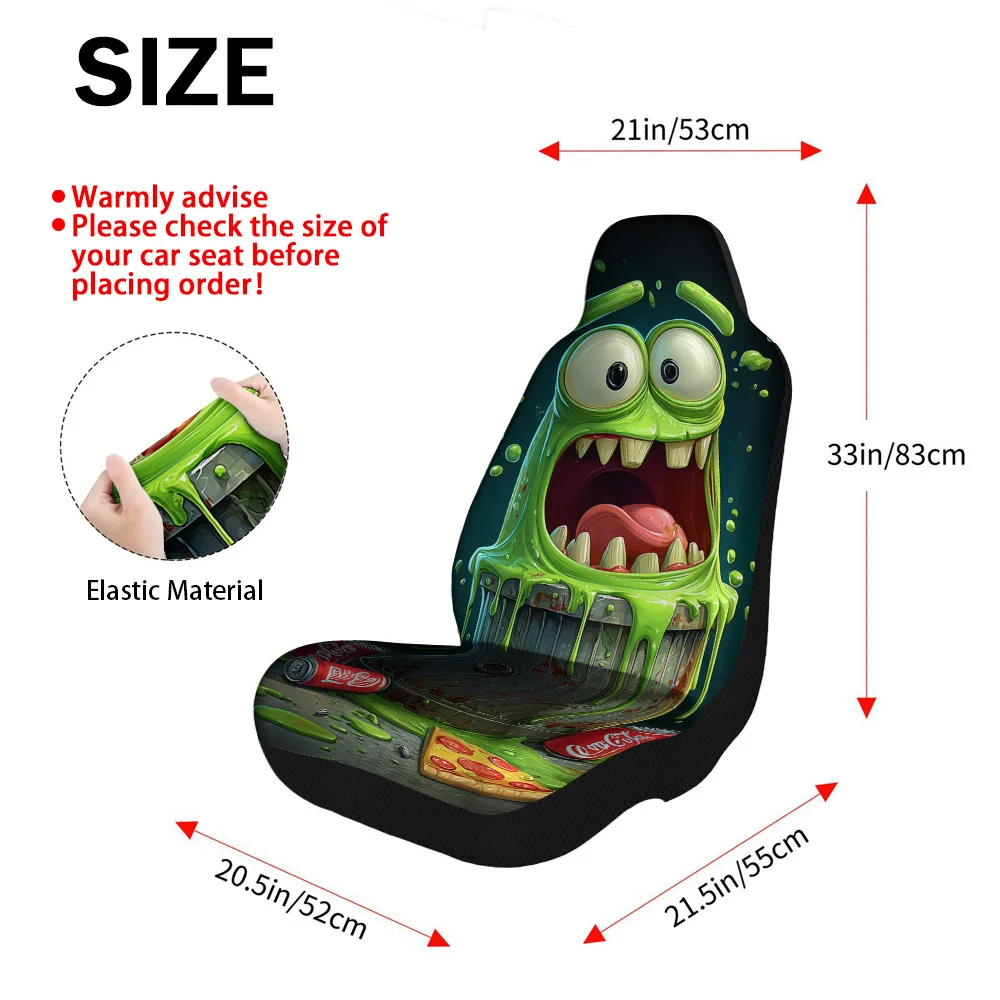 2pcs Green Monster Grin Trash Can Print Car Seat Covers, Full Set Fit Washable Front Seat Covers, Auto Interior Decoration Acce