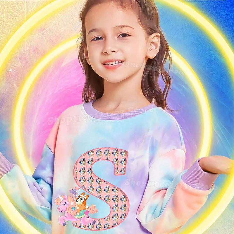 Bluey Sweatshirt Kid Girl Clothes Letter A-Z Bingo Chill Cartoon Tie-dye Pullover Long Sleeve Party Holiday Child's Birthday New