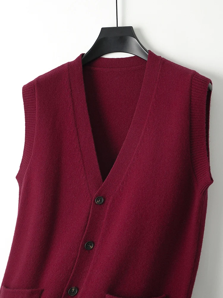 

Autumn Winter Thicken Sweater Wool Vest Men's V-neck Cardigan Sleeveless Waistcoat 100% Merino Wool Knitwear Solid Regular Tops